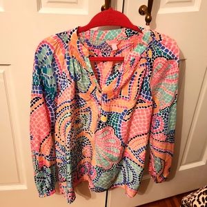 Lily pulitzer S silk blouse multicolor Elsa mosaic tile design like new, worn 1x